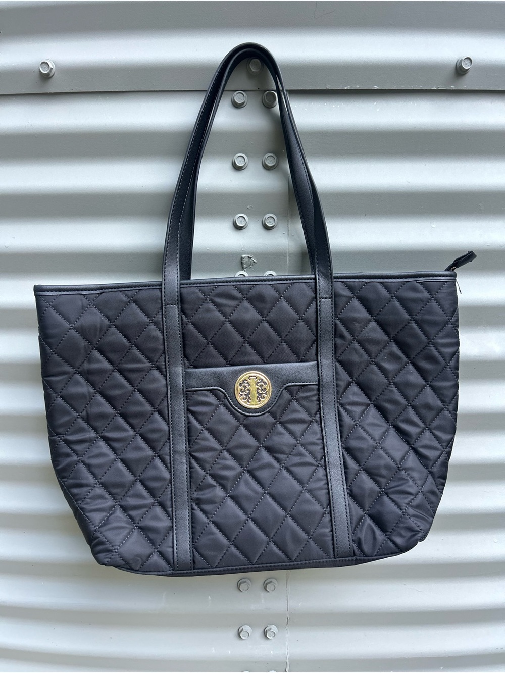 Tory Burch Black Quilted Nylon Large Tote Bag Gold Logo